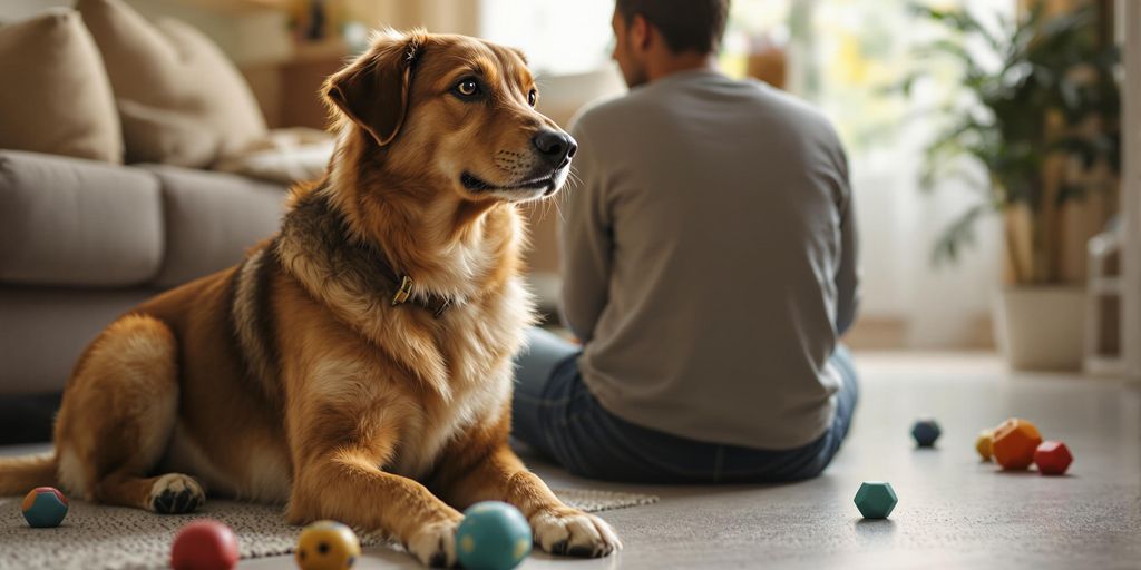 Calm dog sitting with owner in a peaceful home.
