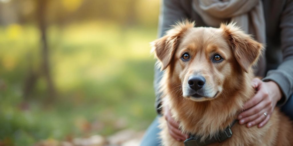 Calm dog and owner in a peaceful outdoor setting.