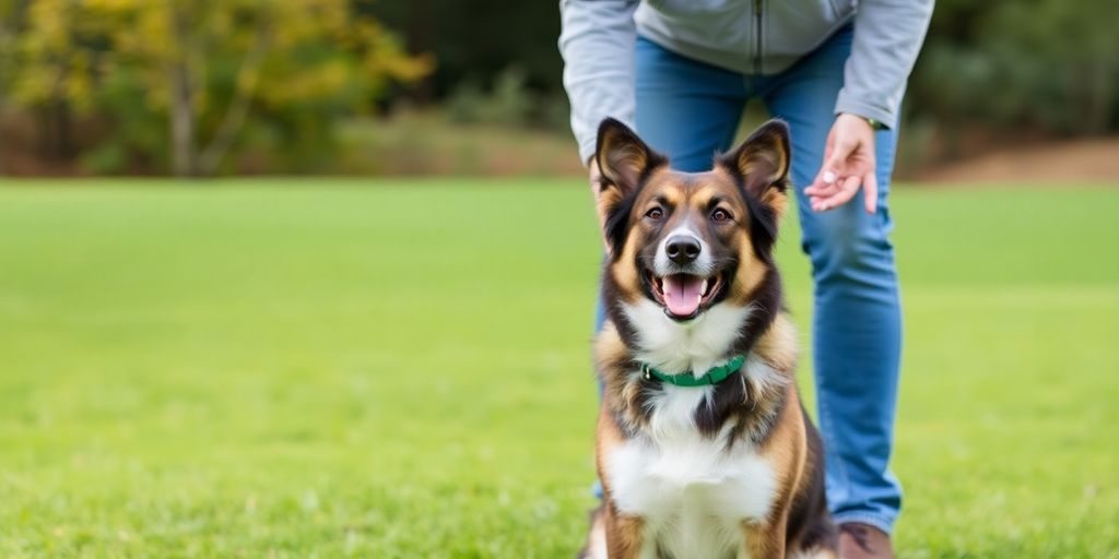 A dog obeying its owner in a sunny outdoor setting.
