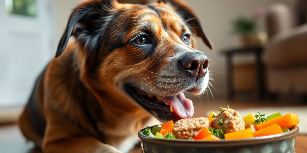 Senior dog eating healthy food in a cozy setting.
