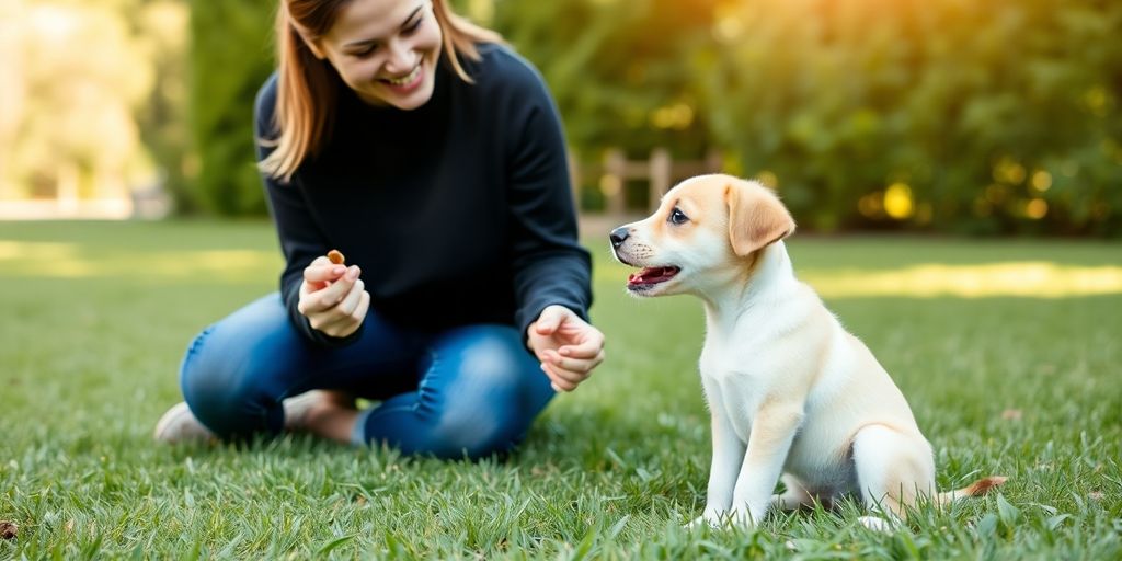 A puppy and owner during a training session.
