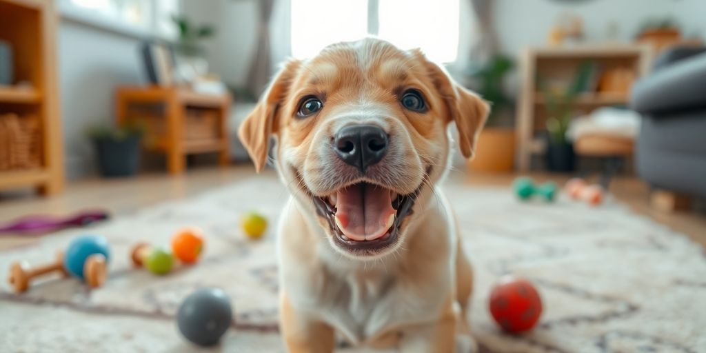 Cute puppy sitting on a rug indoors, looking happy.
