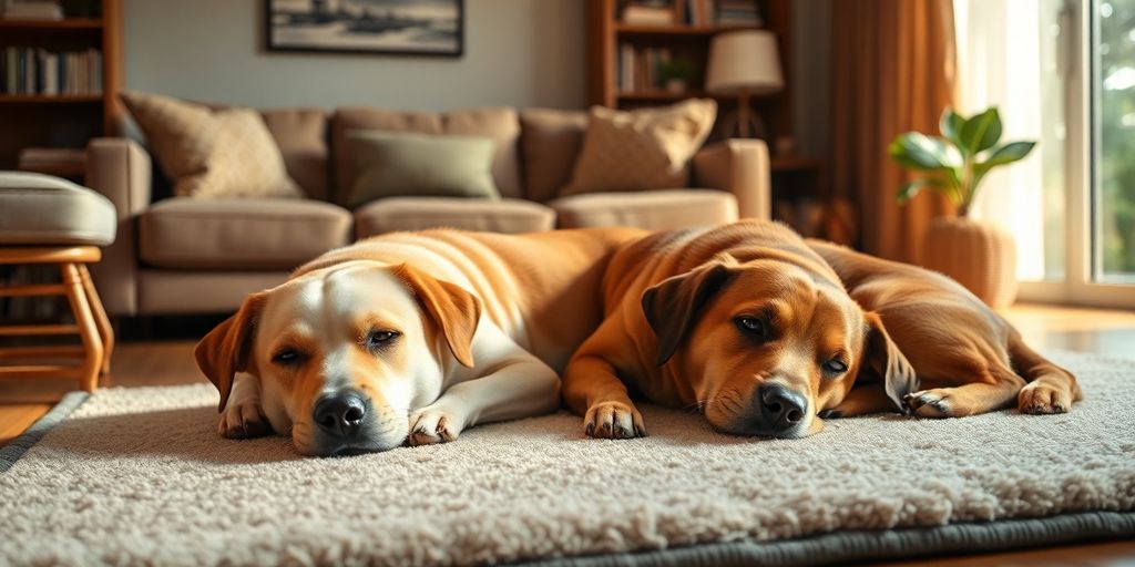 Two calm dogs relaxing peacefully in a cozy room.