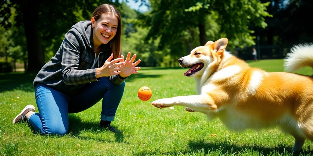 Dog playing fetch during a training class.