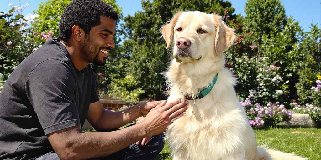 Calm dog and owner in a peaceful garden setting.