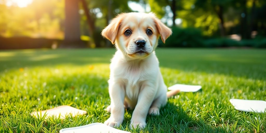 A happy puppy on grass with training pads.