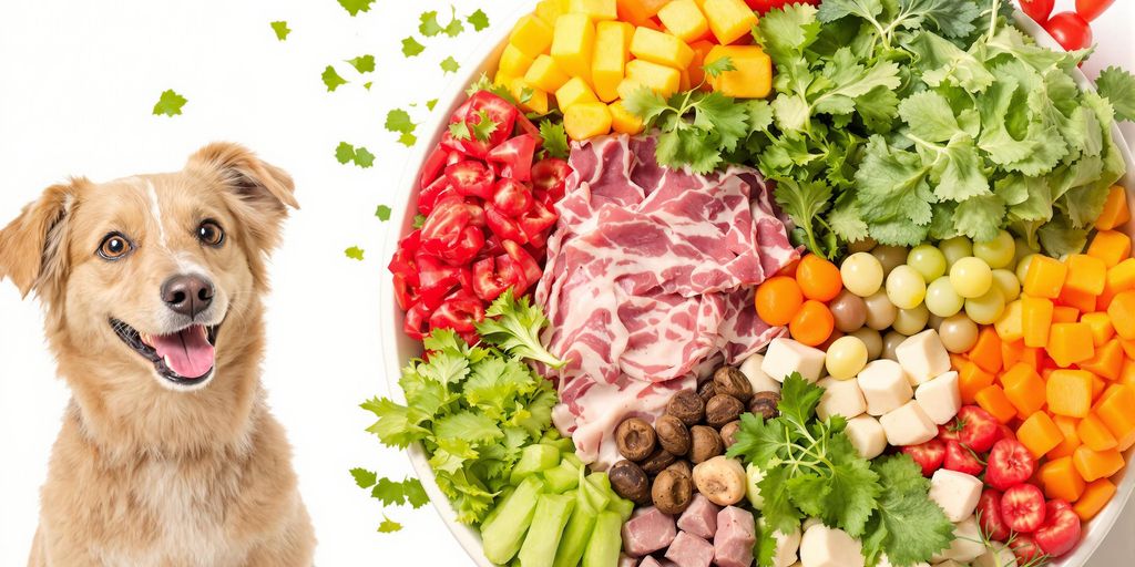 Colorful healthy dog food with fresh ingredients and a dog.