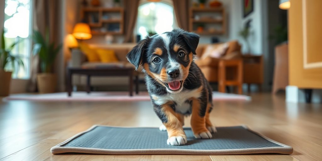 A playful puppy on a training pad in a home.