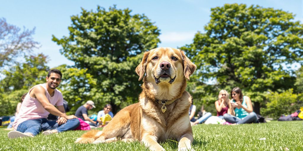 Calm dog in a sunny park with happy people.