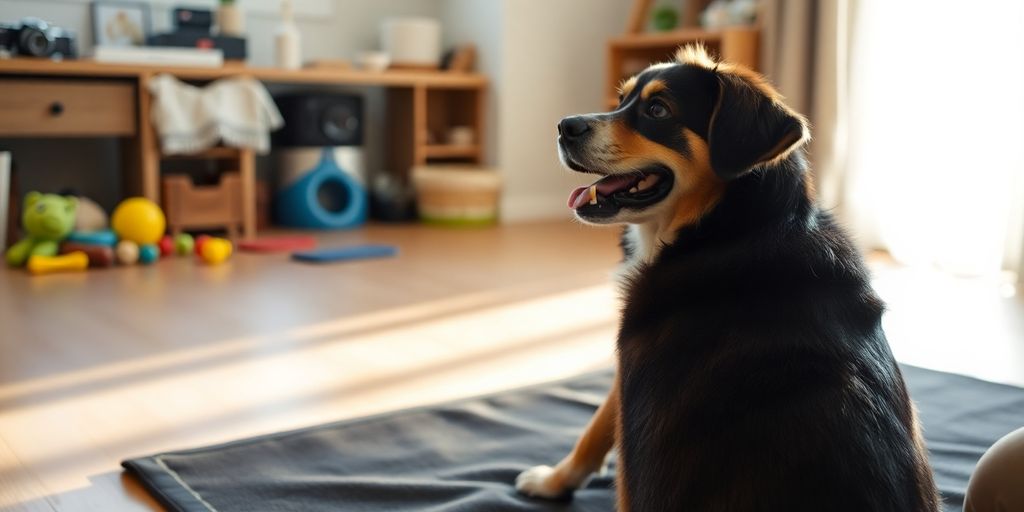 Happy dog on training mat at home.