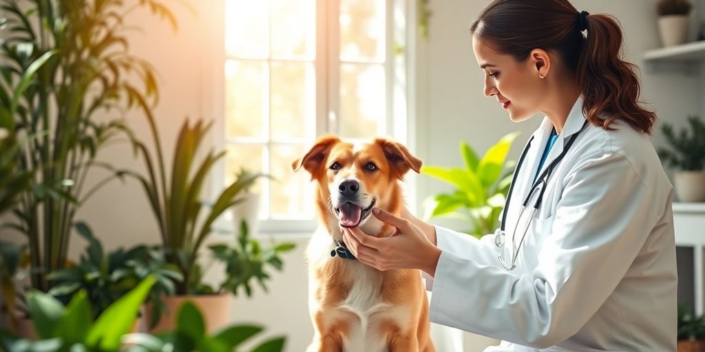 Holistic veterinarian examining a dog in a natural clinic.