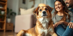 Dog calmly interacting with family member indoors.