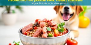 Healthy dog food in a bowl with a cheerful dog.