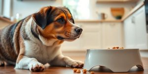 Dog eating slowly from a bowl in a kitchen.
