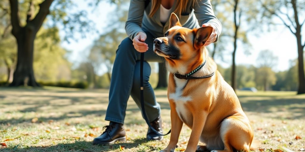 Trained dog and owner in a calm park setting.