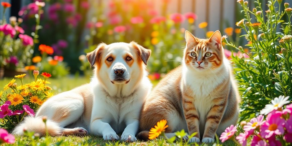 Dog and cat sitting peacefully in a sunny garden.