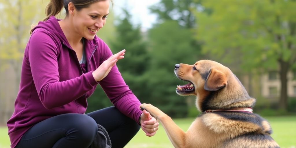 Trainer managing aggressive dog with calm body language.