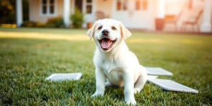 Happy puppy on grass with training pads nearby.