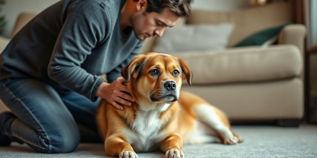Owner calming a tense dog in a cozy room.