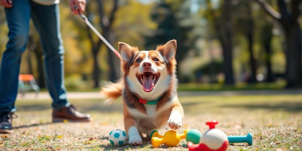 Happy dog training with colorful toys in the park.