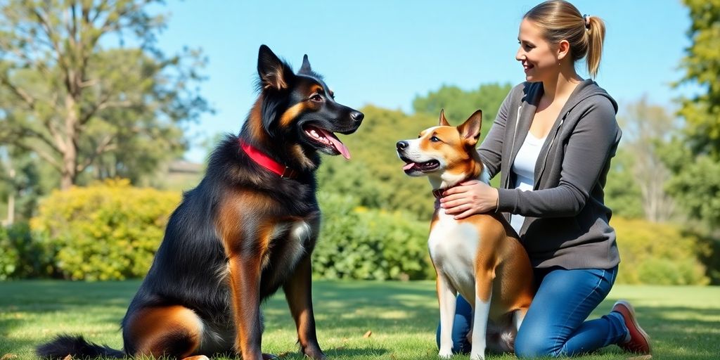 Dog obeying commands next to its owner in a park.