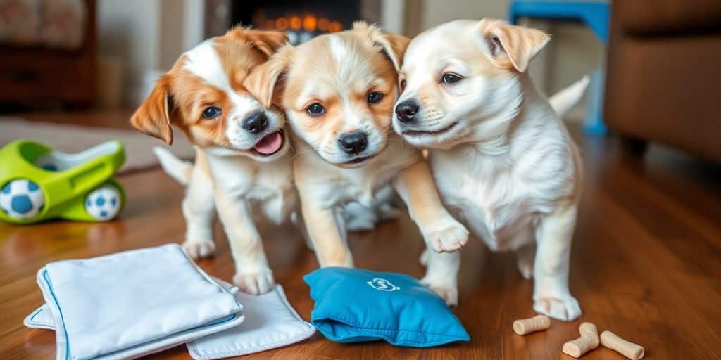 Two playful puppies in a cozy home environment.