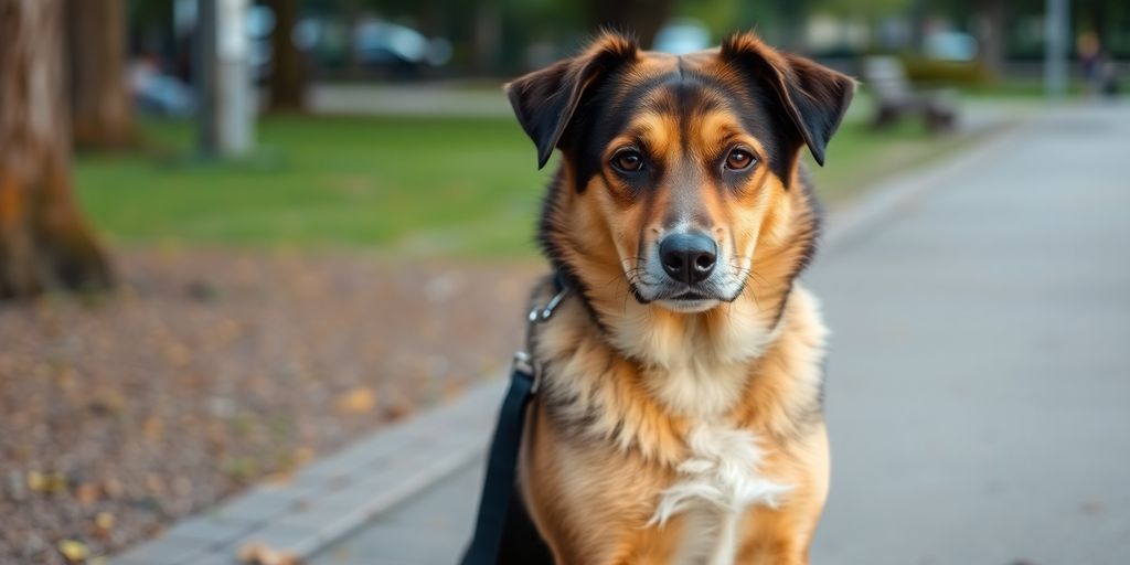 Calm dog on leash in a peaceful park setting.