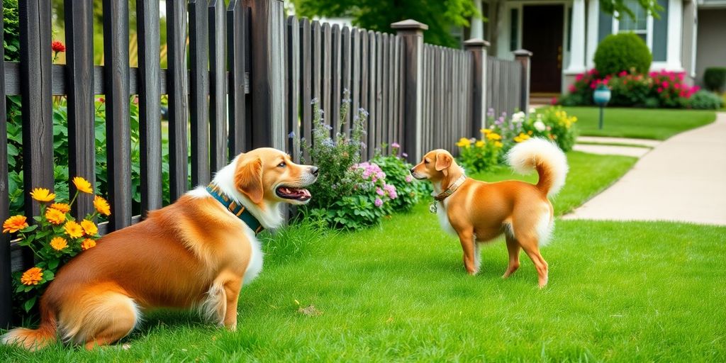 Friendly dogs interacting peacefully at a neighborhood fence.