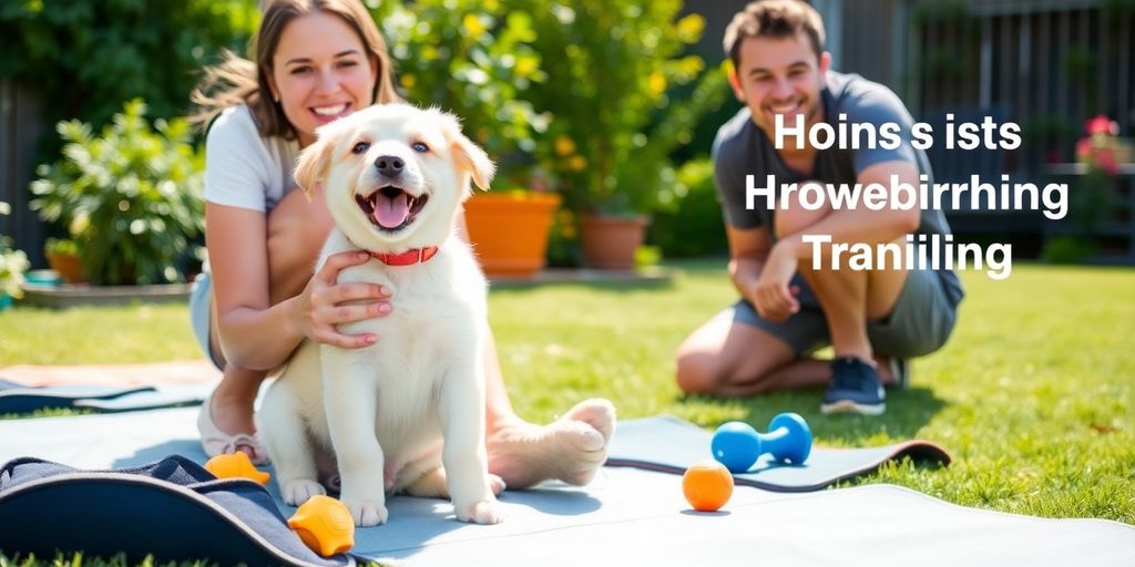 Puppy training scene with owner and training pads.