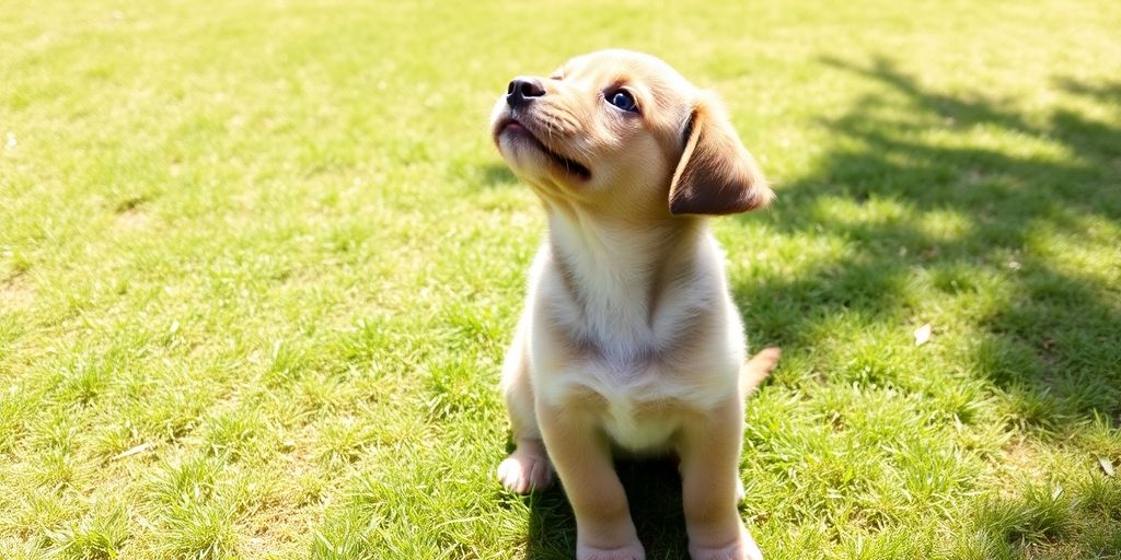 Cute puppy sitting on grass in a sunny setting.