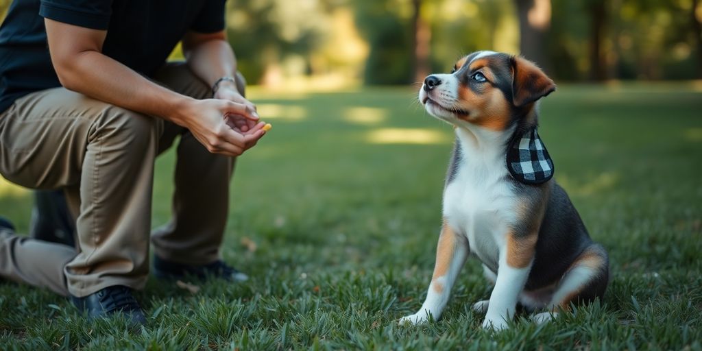 Puppy and trainer outdoors during house training session.