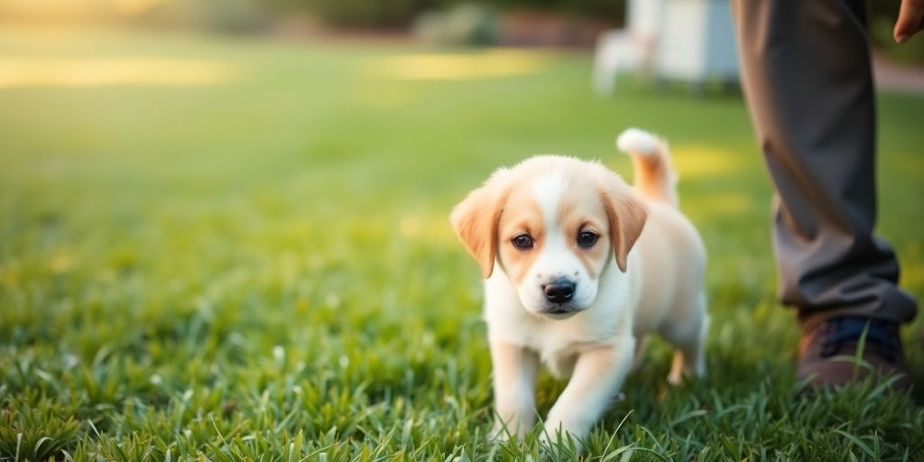 Happy puppy learning housebreaking on a sunny lawn.