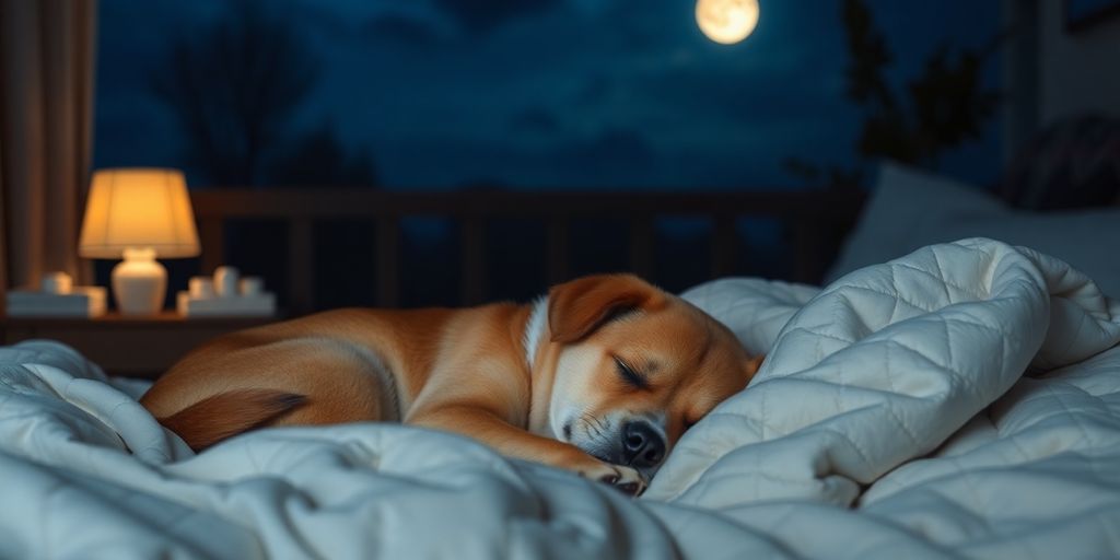 Sleeping dog in a cozy bed at night.