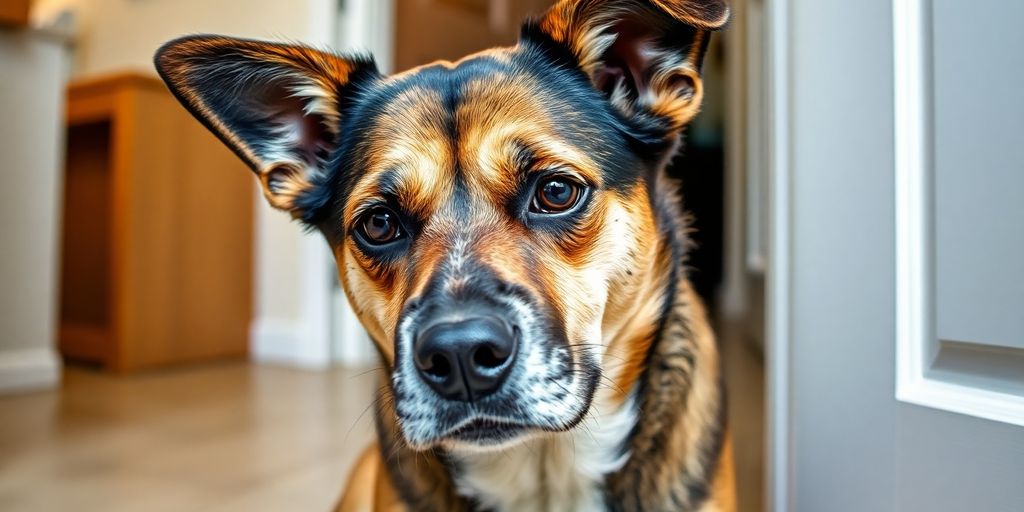An anxious dog waiting by a closed door.