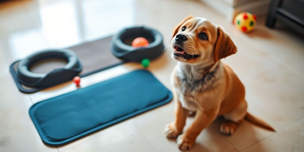 Happy puppy on clean floor with training pad and toys.