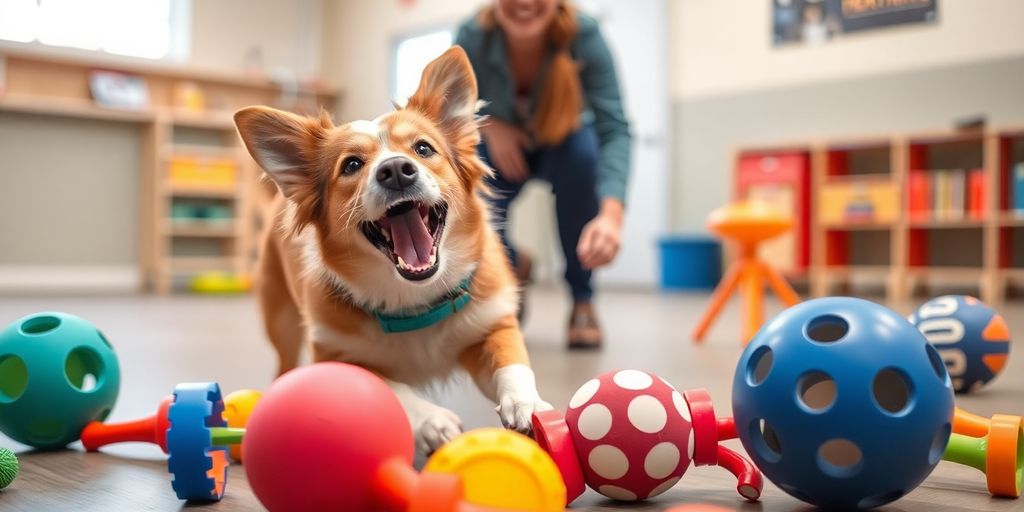 Dog playing with training toys in a vibrant setting.