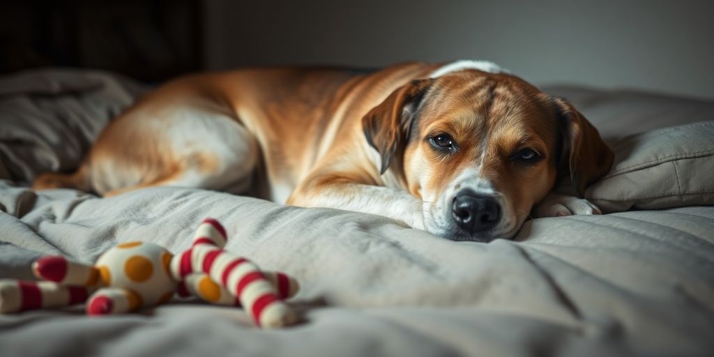 Sad dog on a bed with an untouched toy.