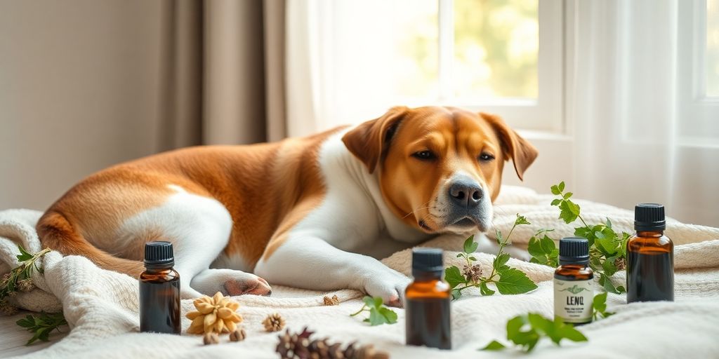 Dog surrounded by herbs and essential oils for wellness.