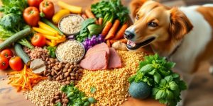 Colorful dog food ingredients with a happy dog nearby.
