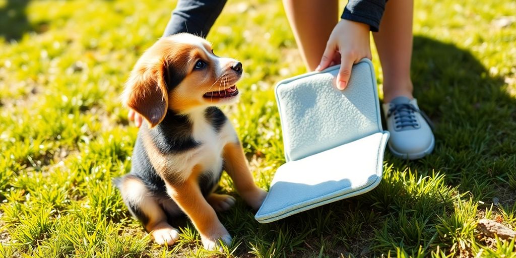 Puppy and owner engaged in potty training outdoors.