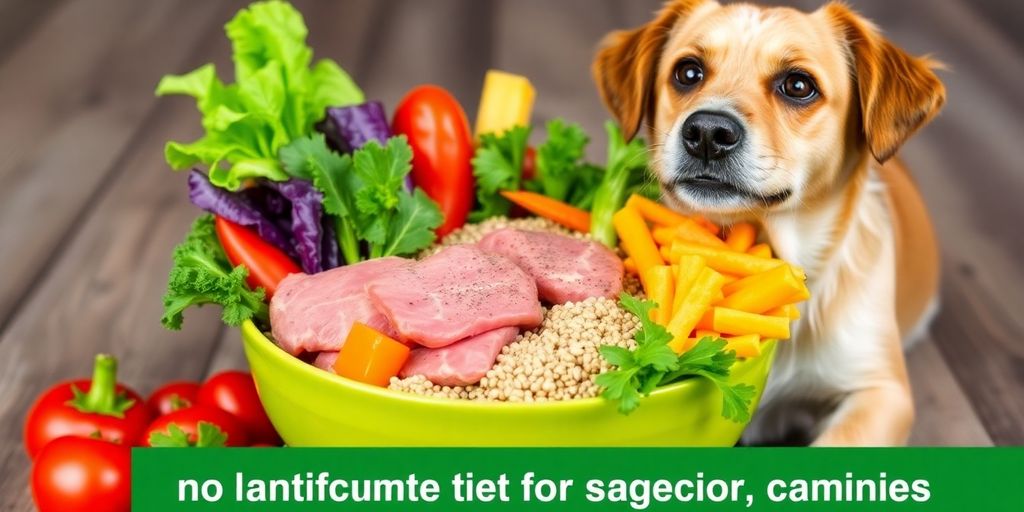Bowl of dog food with vegetables and a senior dog.