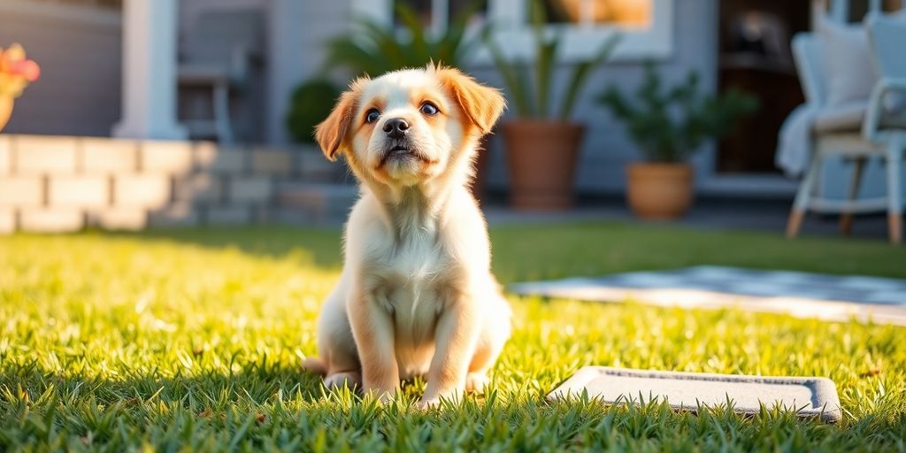 Happy puppy on grass, ready for housebreaking training.