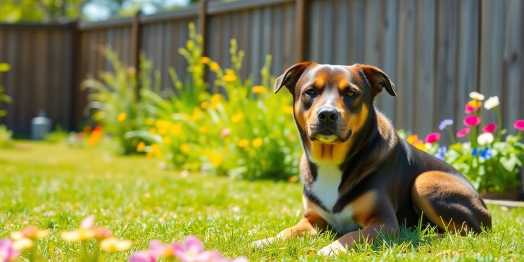Calm dog sitting peacefully near a wooden fence.