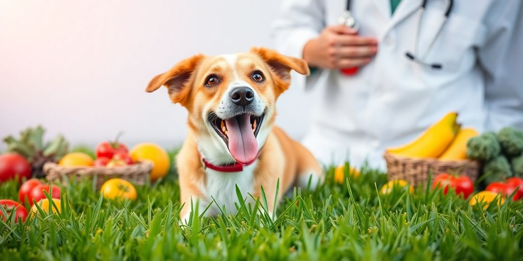 Happy dog with healthy foods and a veterinarian checking heart.