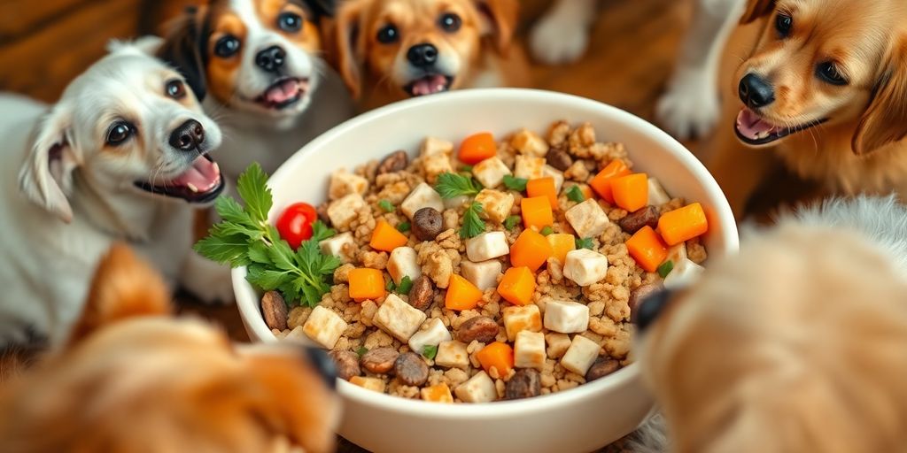 Bowl of homemade dog food with fresh ingredients and dogs.