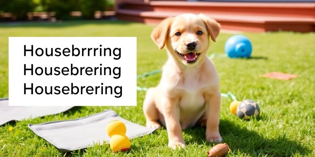 Playful puppy on grass with training pads and toys.