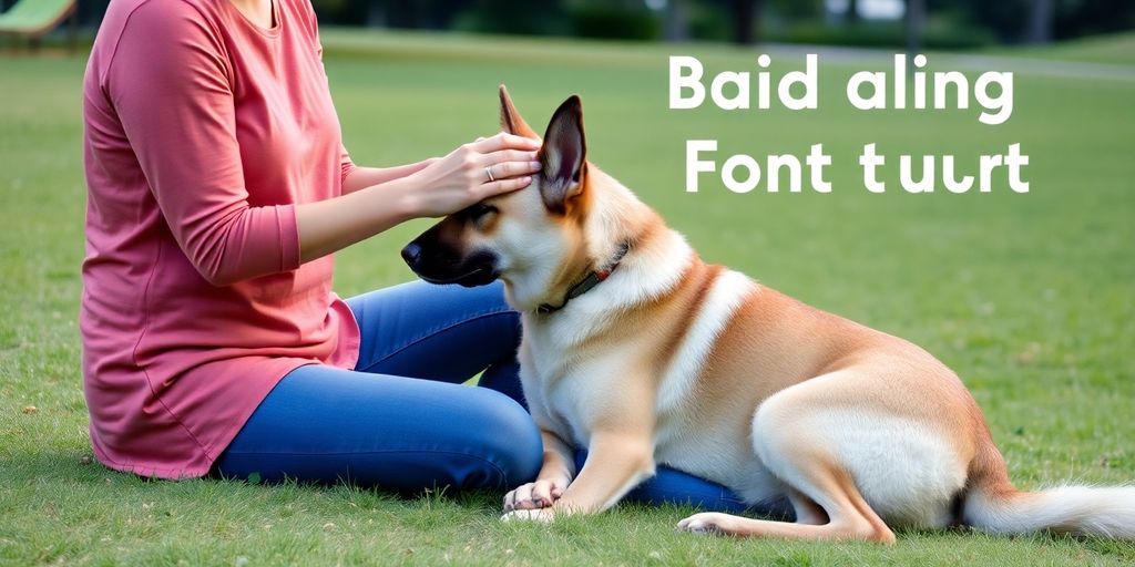 Person interacting calmly with a large dog outdoors.