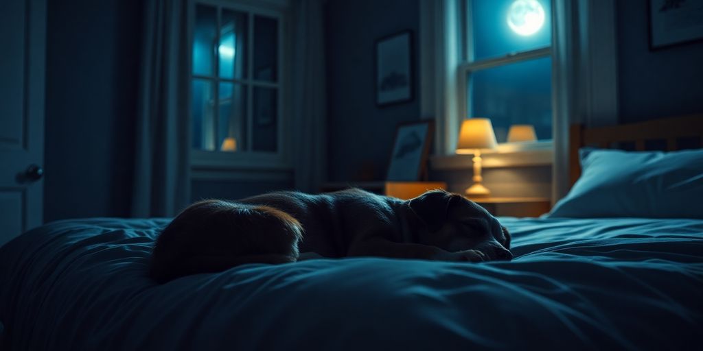 A sleeping dog in a cozy bedroom at night.