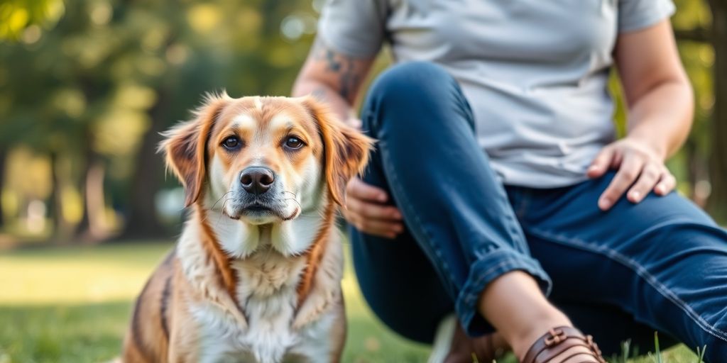 Calm dog with owner in a peaceful park setting.