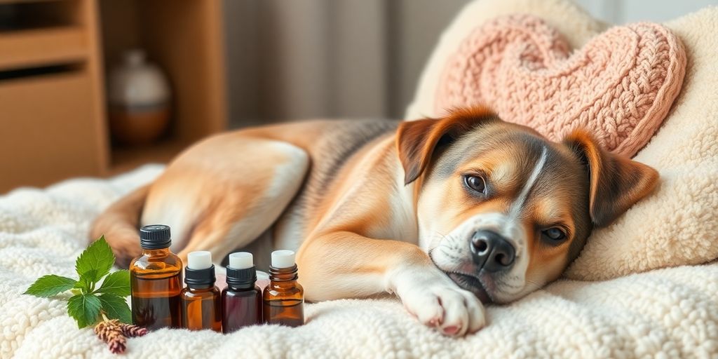 A dog resting on a bed with herbs and oils around it.